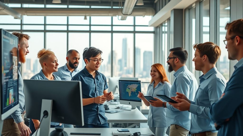 Diverse team collaborates on software development in modern USA tech office