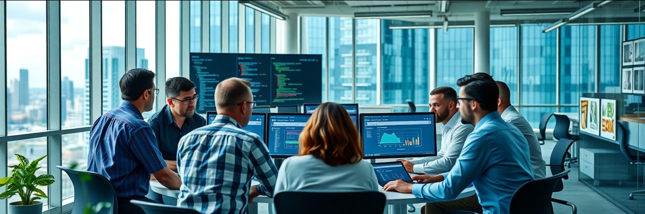 Modern USA software development team collaborating in a bright open office workspace.